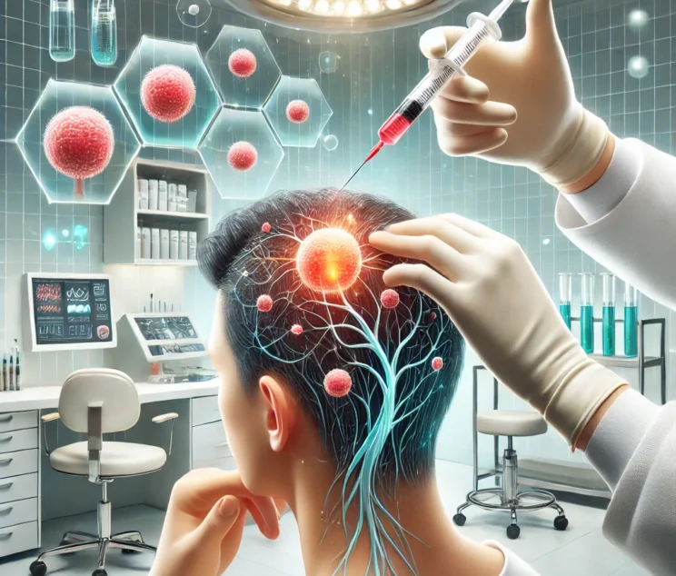 DALL·E 2024-12-03 03.26.50 - A visually engaging illustration of a stem cell hair transplant procedure. The image features a professional clinic setting, showcasing a doctor using